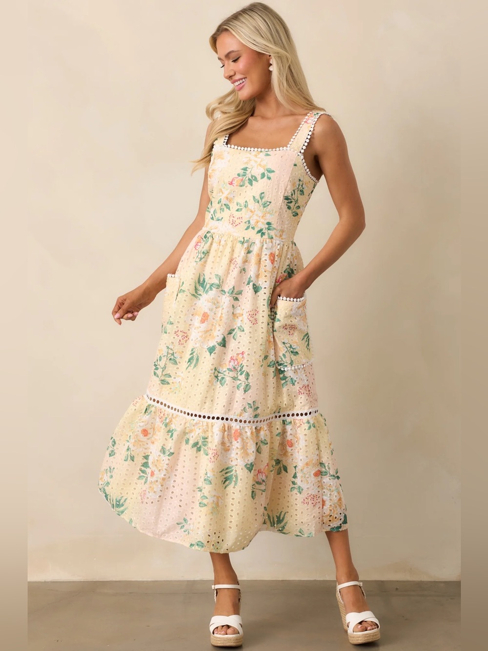 JUST ME Sleeveless Cream Floral Eyelet Midi Dress sz. M